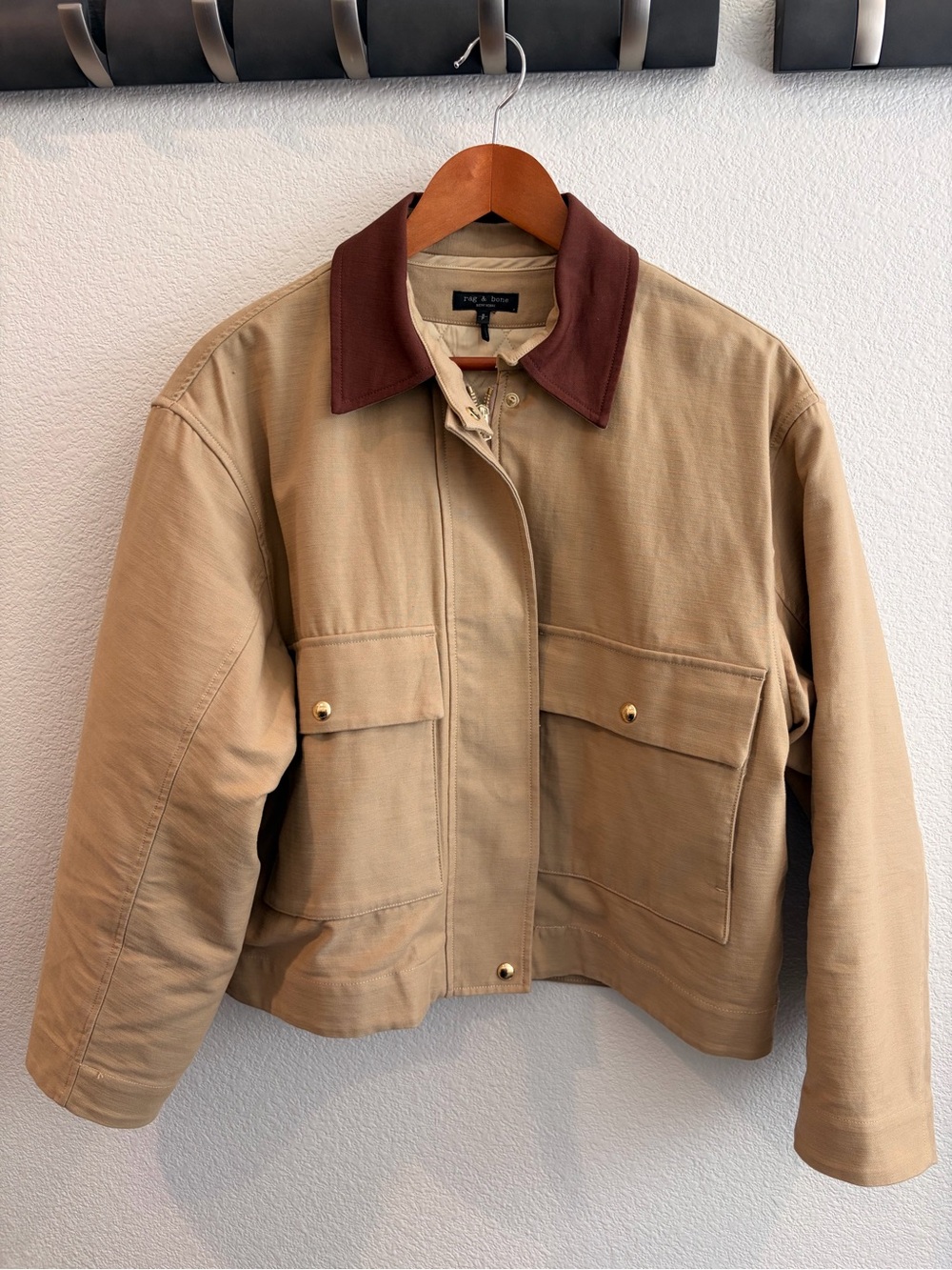 Rag and Bone Women's Tan Cotton Blend Work Jacket with Brown Collar